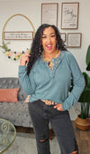 Solid Knit Henley Top With Floral Trim - T6026