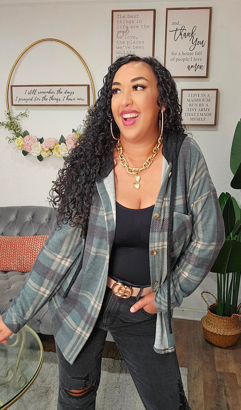 Plaid Button Down Hooded Shacket - T4962