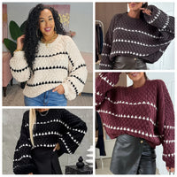Chunky Knit Striped Sweater with Balloon Sleeves