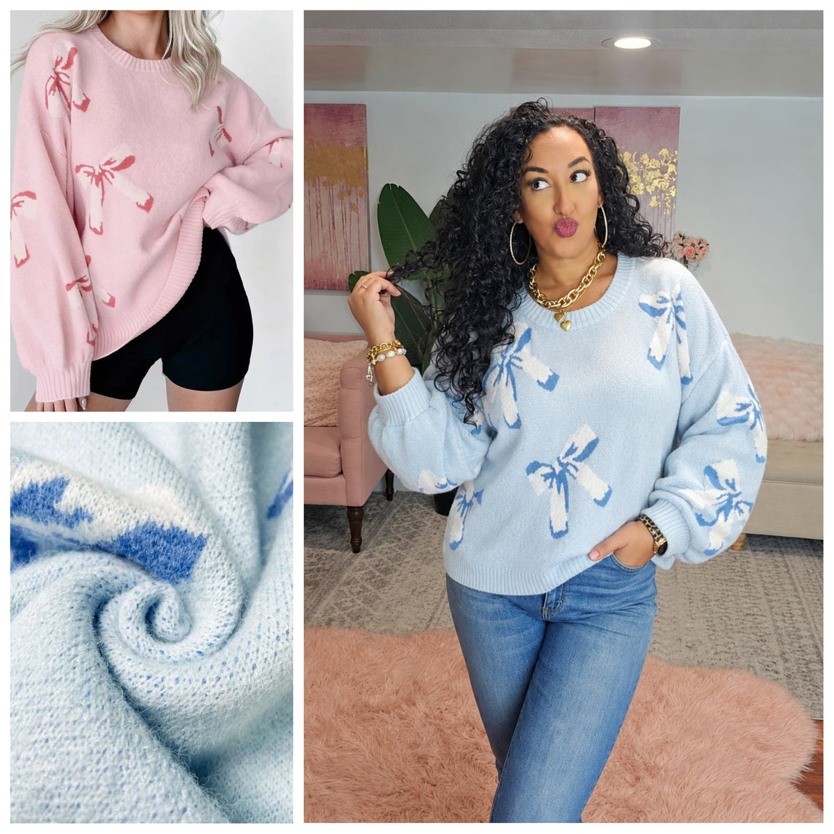 Bow Round Neck Dropped Shoulder Sweater