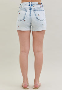 High Waist Cherry Embroidered Jean Shorts