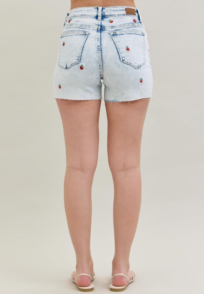 High Waist Cherry Embroidered Jean Shorts