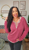 Rib Knit Henley Top With Plaid Contrast Trim - T6045