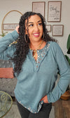 Solid Knit Henley Top With Floral Trim - T6026