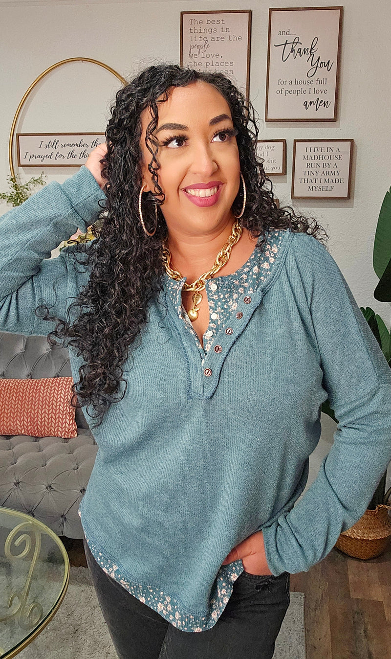 Solid Knit Henley Top With Floral Trim - T6026