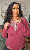 Rib Knit Henley Top With Plaid Contrast Trim - T6045
