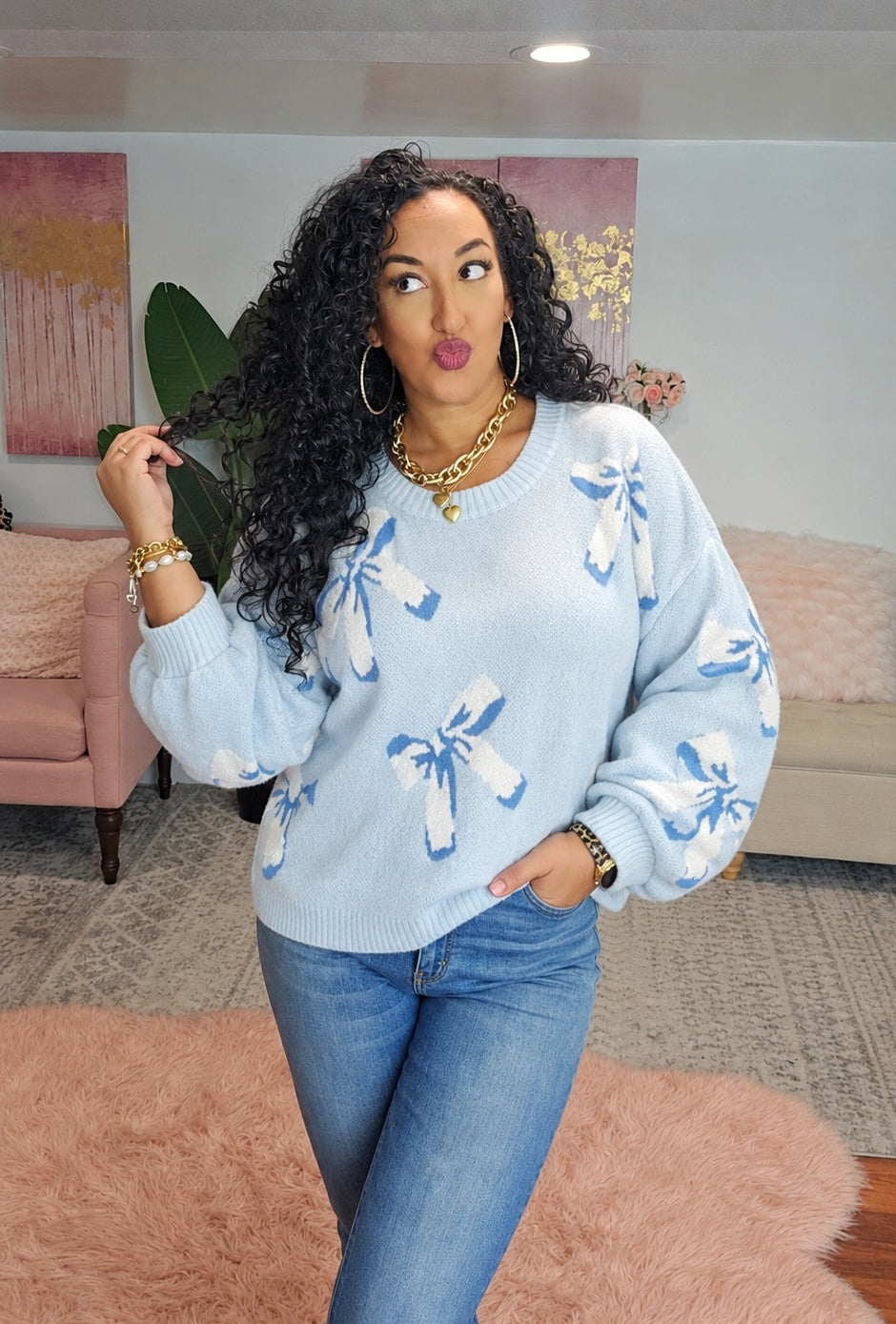 Bow Round Neck Dropped Shoulder Sweater