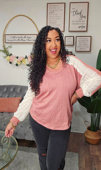Lace Contrast Multi Fabric V Neck Top - T5694 - Mauve