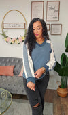 Multi Fabric Contrast Sleeve V Neck Top - T5990