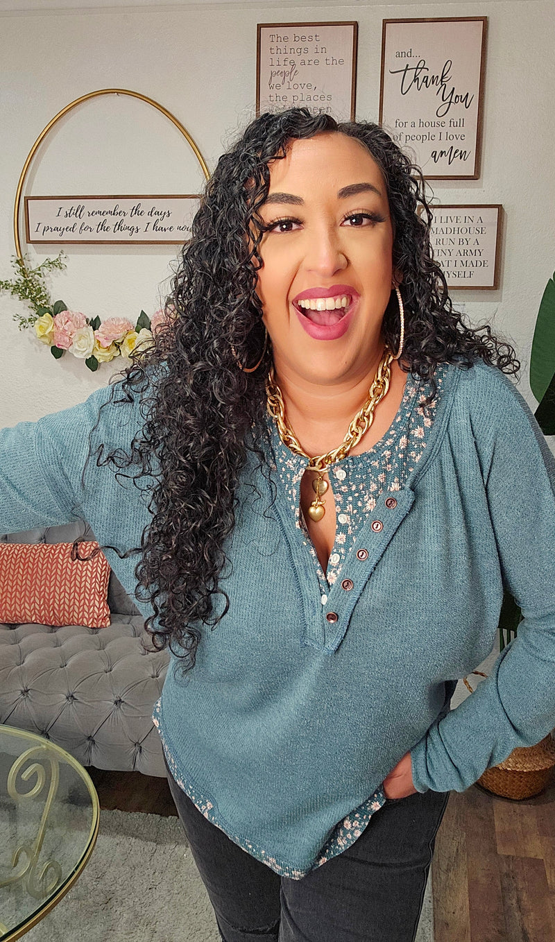 Solid Knit Henley Top With Floral Trim - T6026
