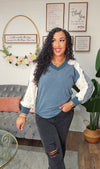 Multi Fabric Contrast Sleeve V Neck Top - T5990