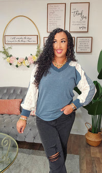 Multi Fabric Contrast Sleeve V Neck Top - T5990