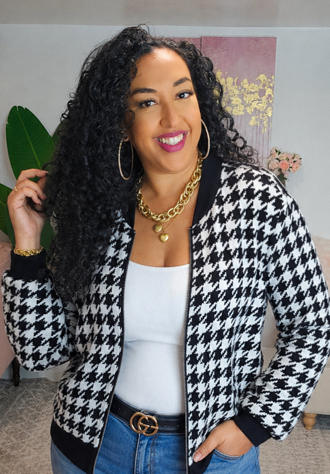 Zip Up Houndstooth Pattern Jacket