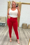 Ruby High Rise Tummy Control Garment Dyed Skinny Jeans in Red